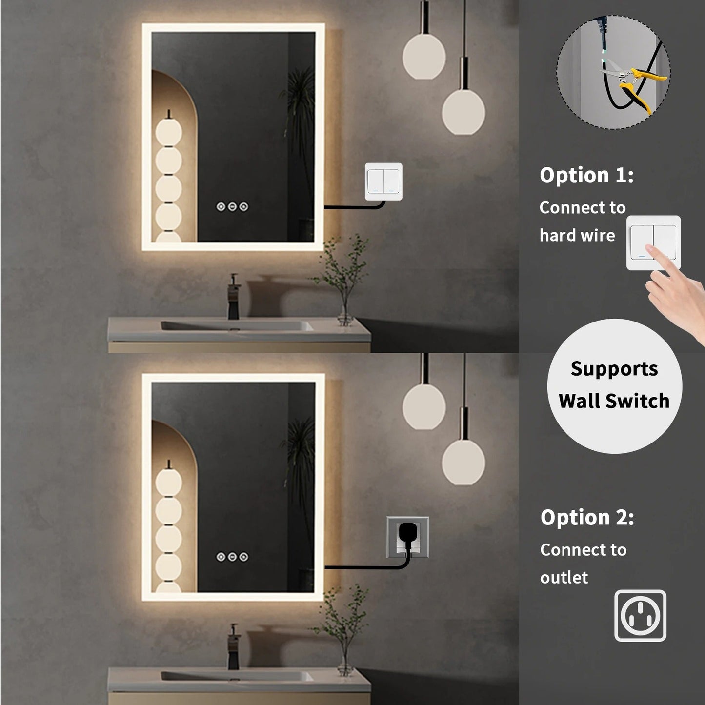 Rectangle Front Light Frameless Bathroom Mirror with LED Light, 16x20" – Anti-Fog