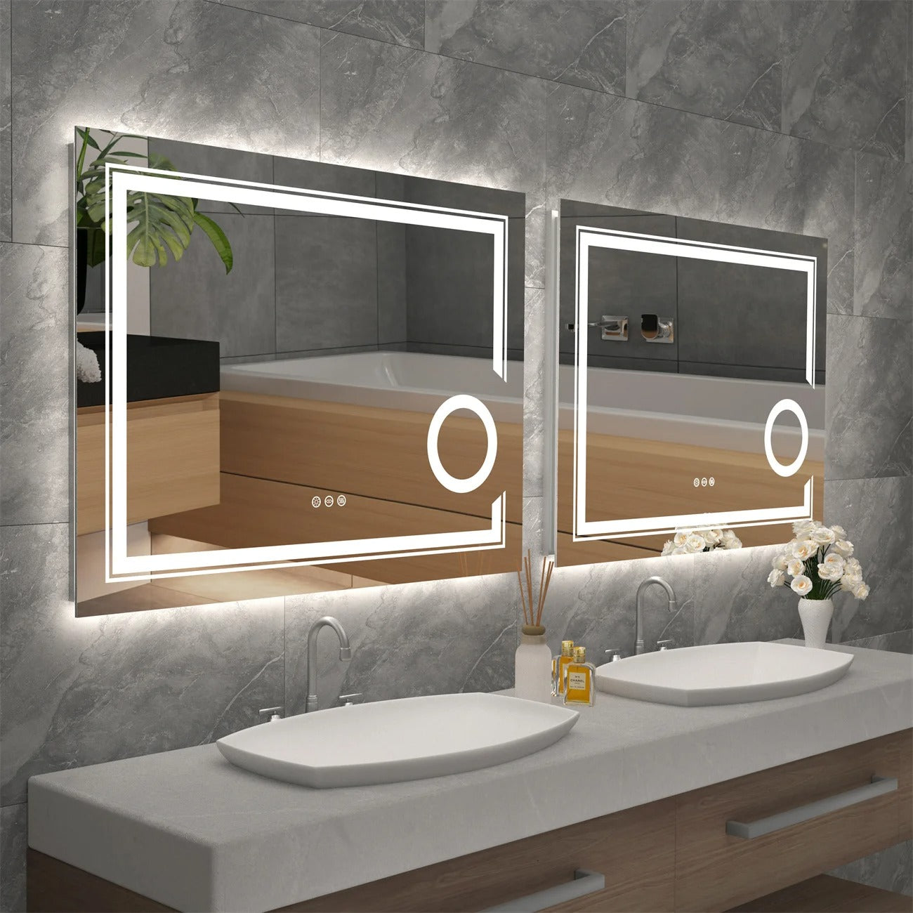 Rectangle Double Lights Bathroom Mirror with 3 X Magnifier – Illuminated Bathroom Mirror