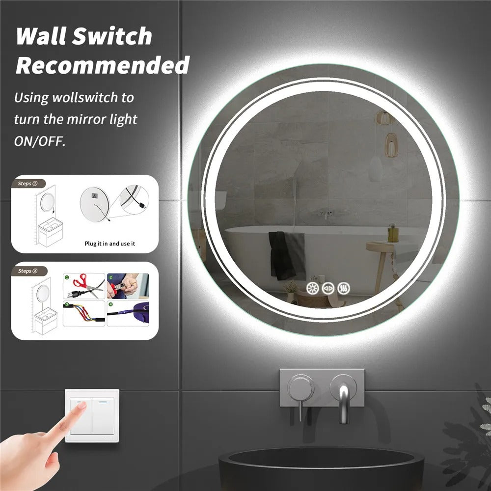 Round Double Light LED Bathroom Mirror, Dimmable, Anti-Fog Circle Wall Mounted Bathroom Mirror