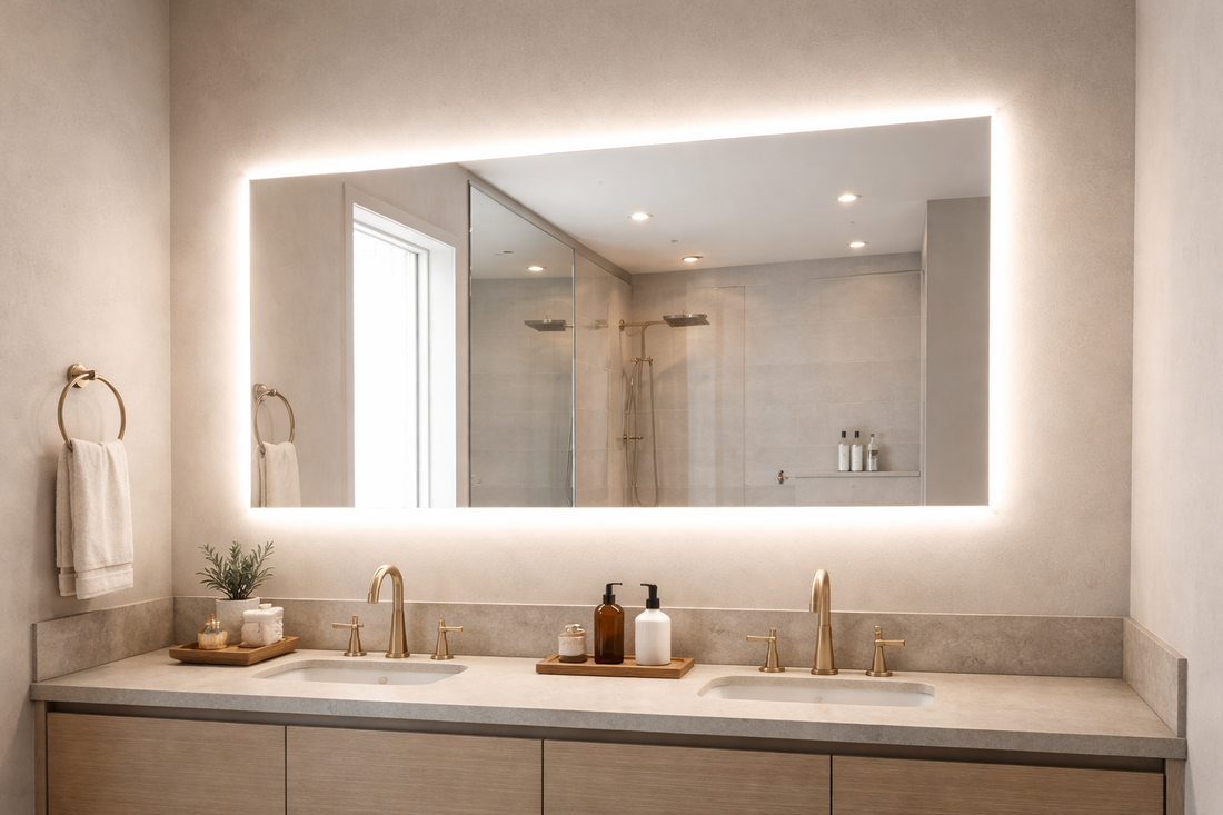 Modern bathroom with LED mirror and vanity