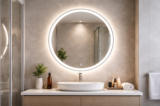 Illuminated bathroom mirror with integrated LED lighting