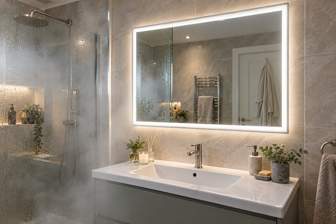 Anti-fog bathroom mirror in a steamy bathroom