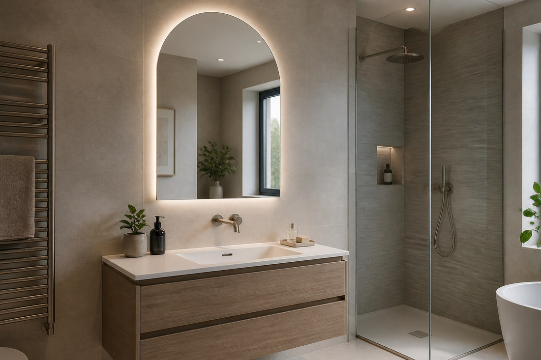 Arched bathroom mirror with lights in a modern bathroom