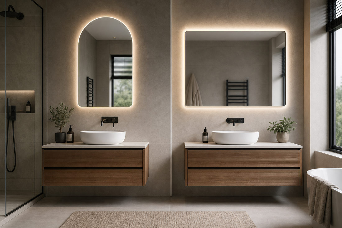Arched LED mirror and rectangle mirror bathroom comparison