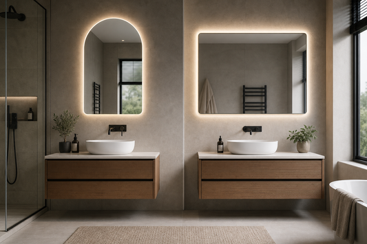 Arched LED mirror and rectangle mirror bathroom comparison