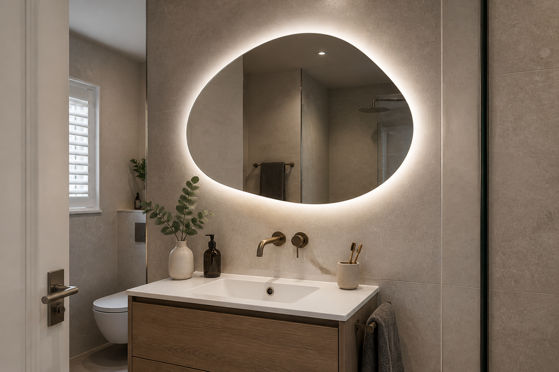 Irregular shaped LED mirror in a modern bathroom