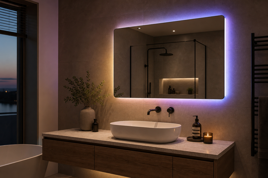 RGB LED mirror used tastefully in a bathroom