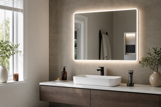 LED bathroom mirror with shaver socket in a UK bathroom