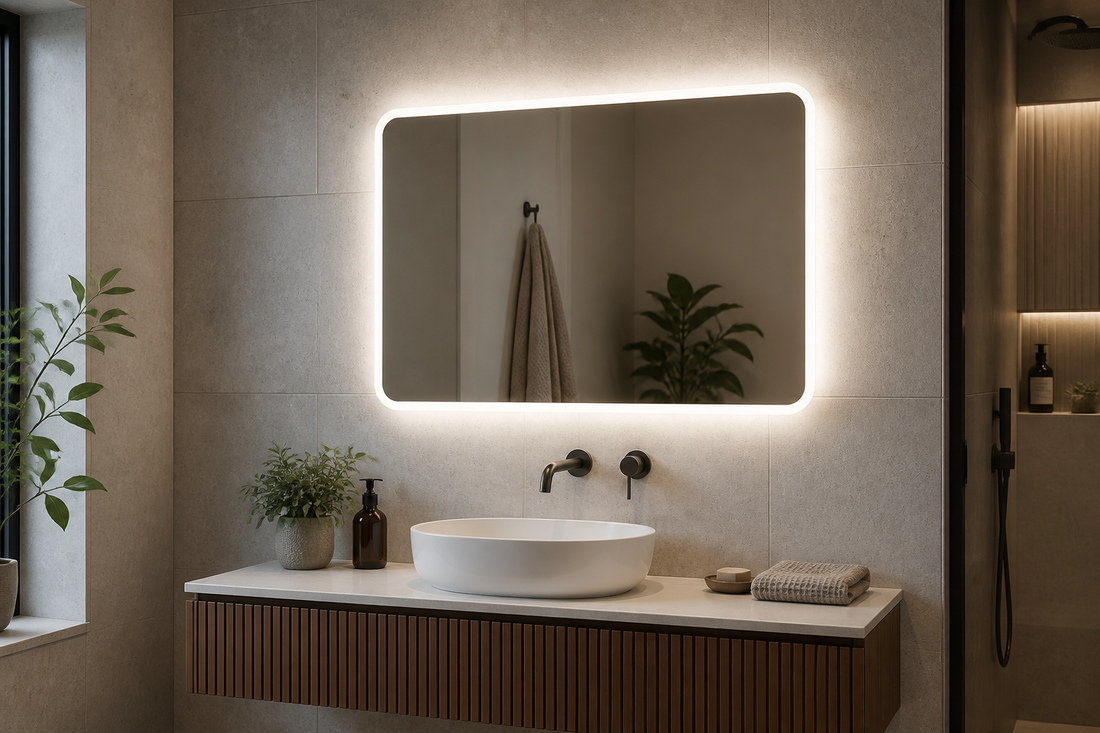 Backlit bathroom mirror above a modern vanity