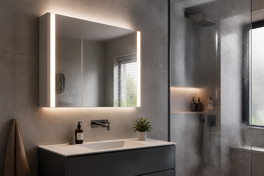 Bathroom mirror cabinet with demister and lights
