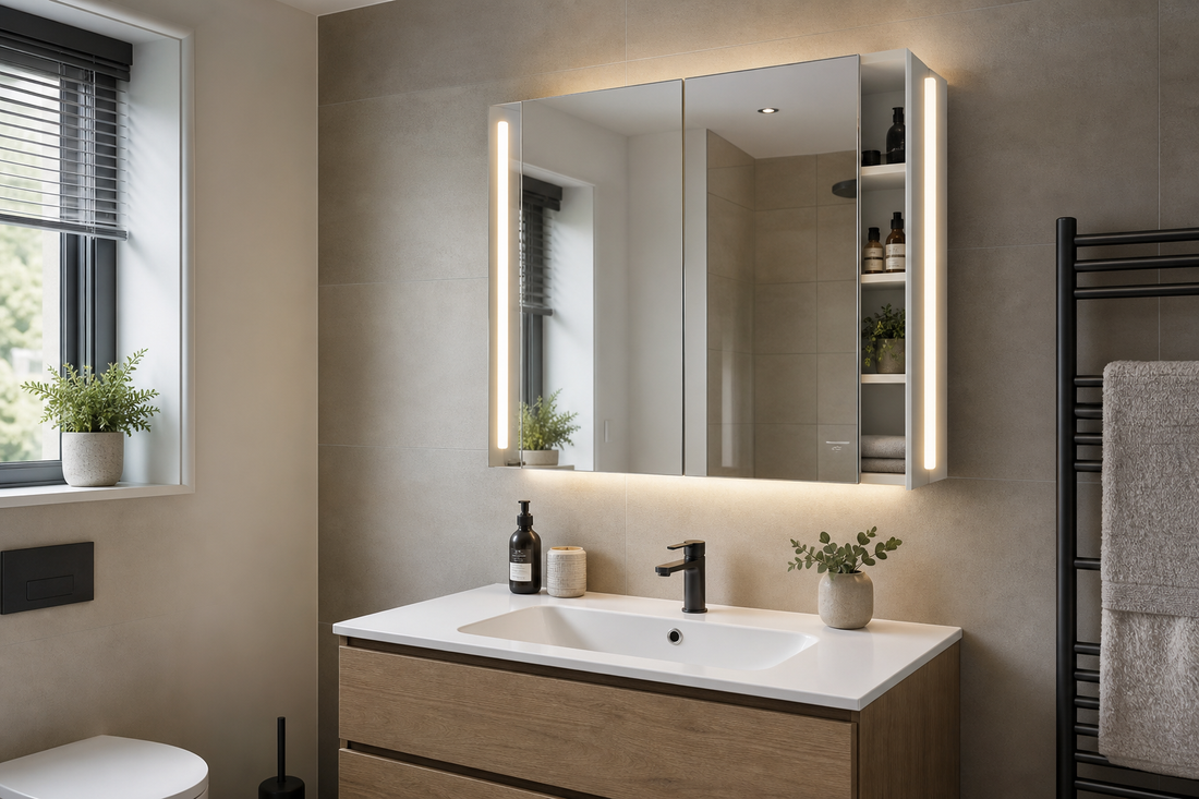 Bathroom mirror cabinet with lights above a UK vanity