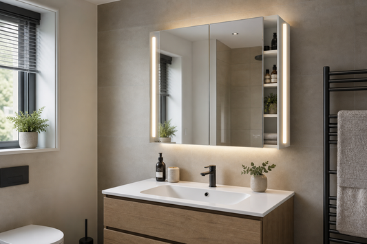 Bathroom mirror cabinet with lights above a UK vanity