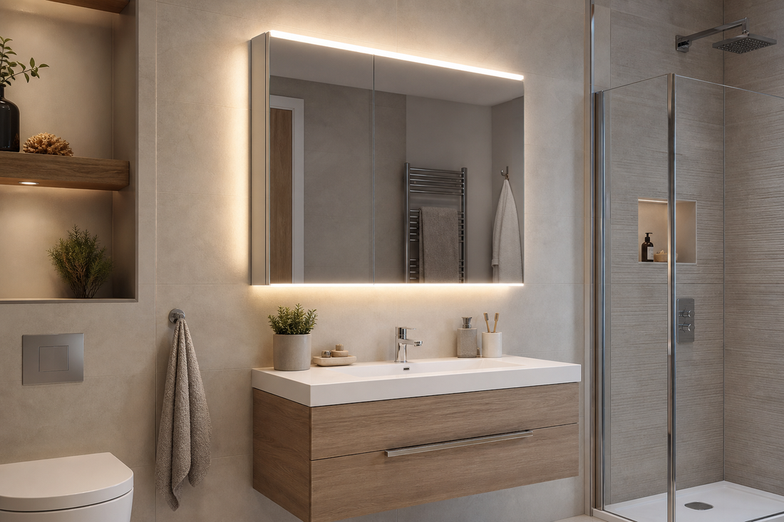 Bathroom mirror cabinet with lights sized above a vanity