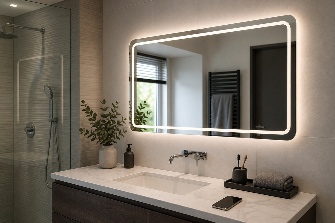 Bluetooth bathroom mirror with lights in a UK bathroom