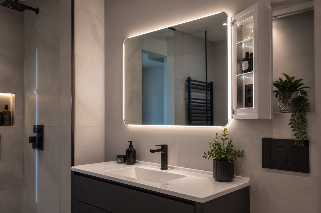 Bathroom mirror with lights and shaver socket above a vanity