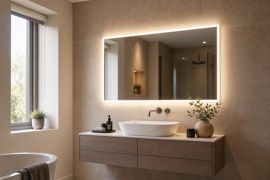 Bathroom mirror with lights in a modern UK bathroom