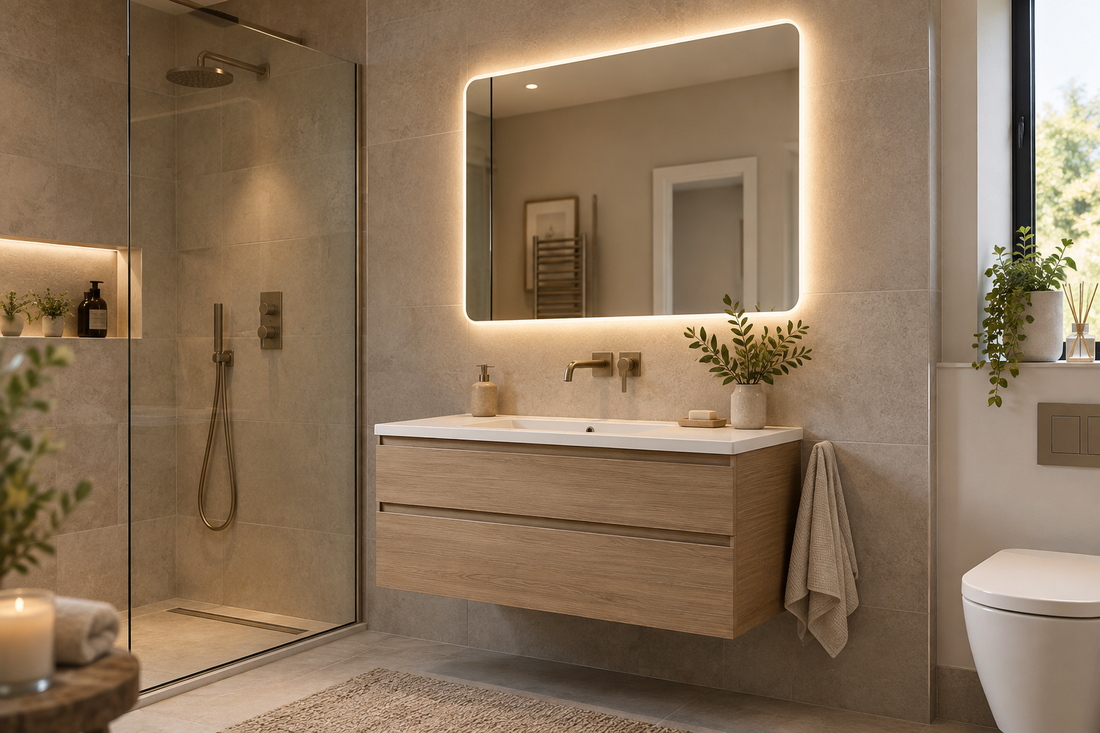 LED mirror above a wall-hung vanity unit