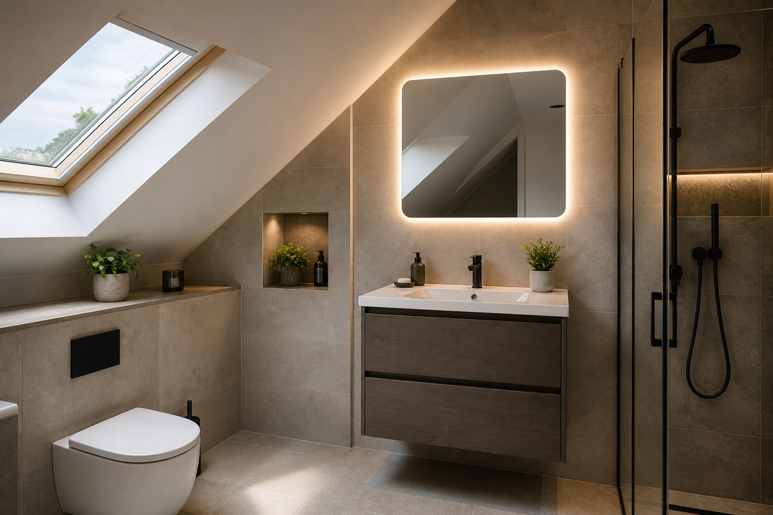 LED mirror in a loft en-suite with sloped ceiling