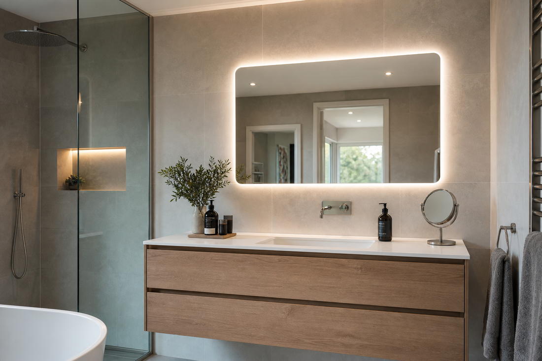 LED mirror in a new-build UK bathroom