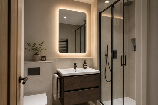 LED mirror in a compact UK en-suite bathroom