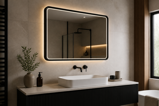Black bathroom mirror with lights in a modern UK bathroom