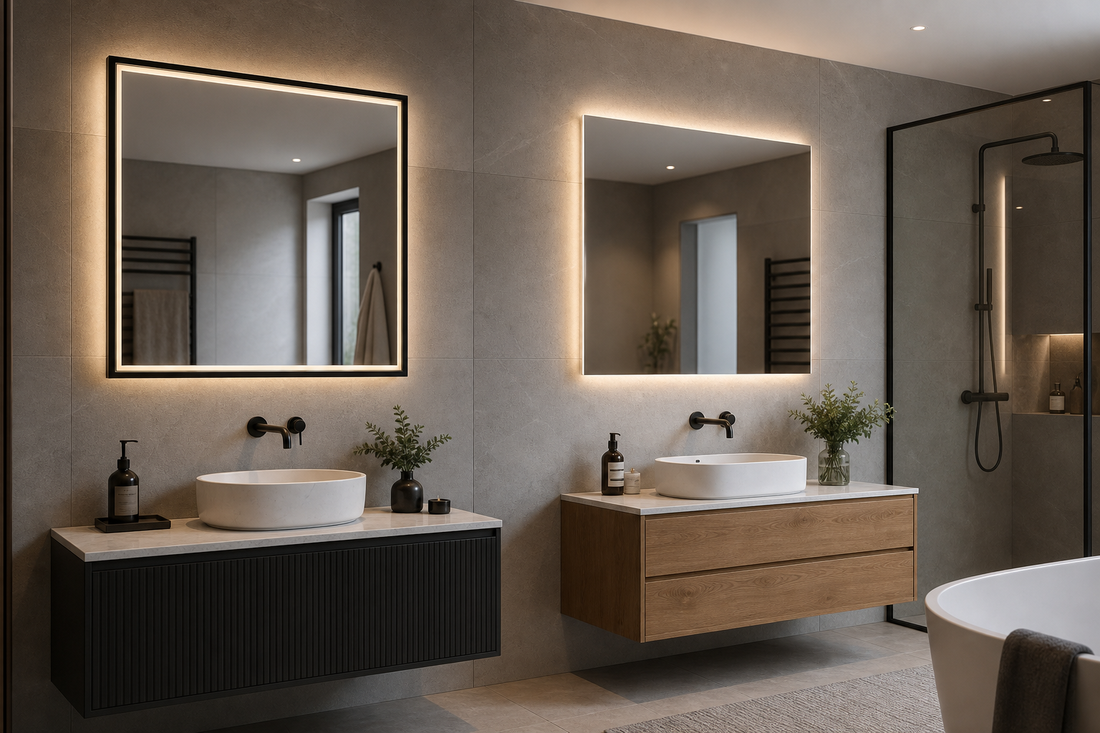 Black frame LED mirror compared with frameless LED mirror