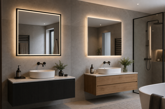 Black frame LED mirror compared with frameless LED mirror