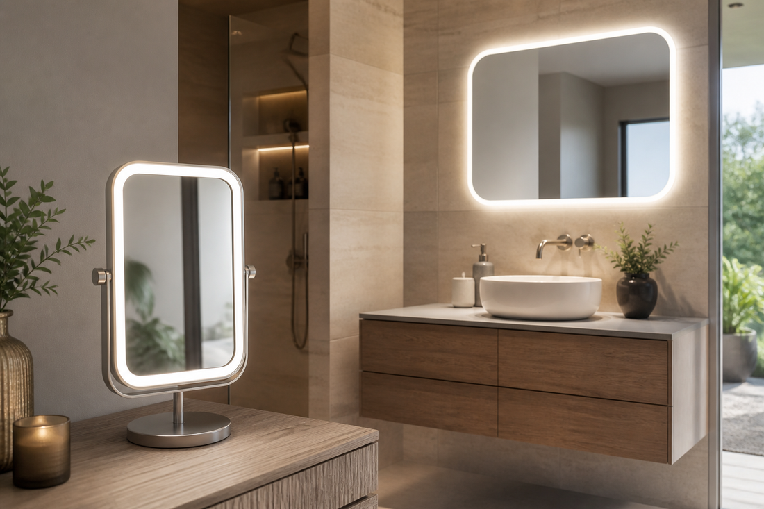 Vanity mirror with lights used near a bathroom vanity