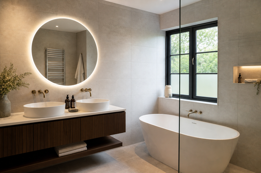 LED mirror positioned above a bath in a UK bathroom
