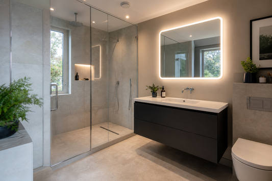 LED mirror near a glass shower enclosure