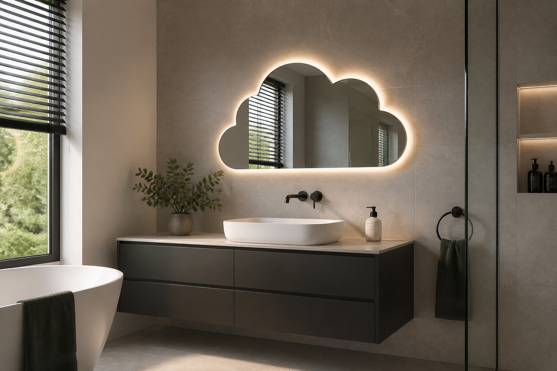 Cloud-shaped LED mirror in a premium modern bathroom