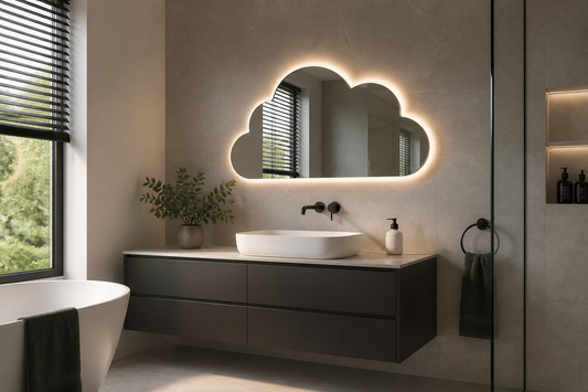 Cloud-shaped LED mirror in a premium modern bathroom