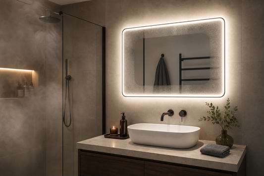 Anti-fog LED mirror in a windowless UK bathroom