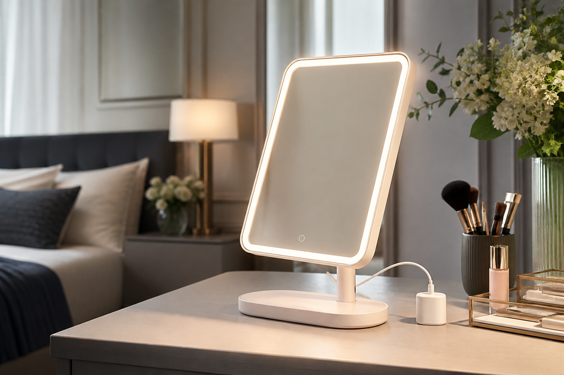 Rechargeable makeup mirror on a dressing table