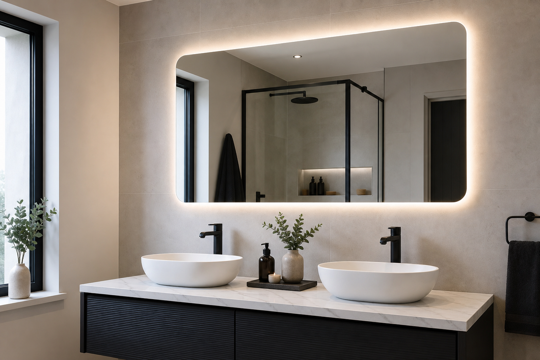 LED mirror paired with black bathroom taps