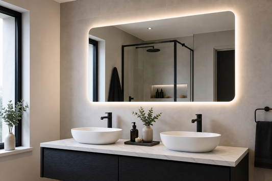 LED mirror paired with black bathroom taps