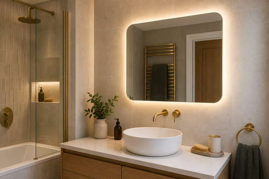 LED mirror paired with brass bathroom fittings