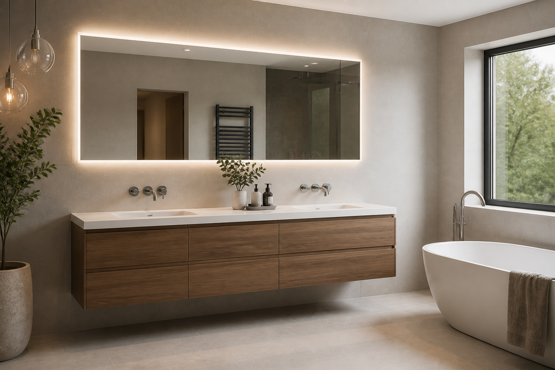 Large bathroom mirror with lights above a wide vanity