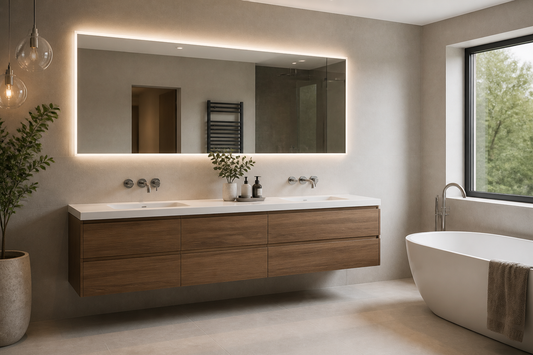 Large bathroom mirror with lights above a wide vanity