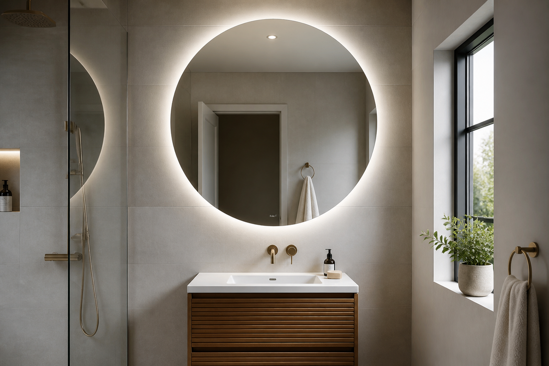 Large round LED mirror scale in a compact bathroom