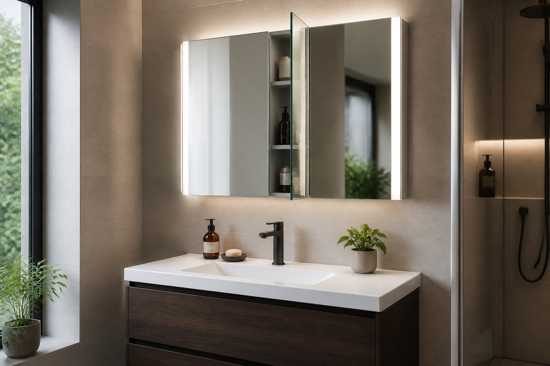 LED bathroom mirror cabinet in a UK bathroom