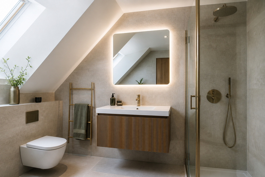 LED mirror in a sloped ceiling bathroom