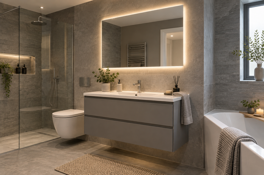 LED mirror in a grey bathroom