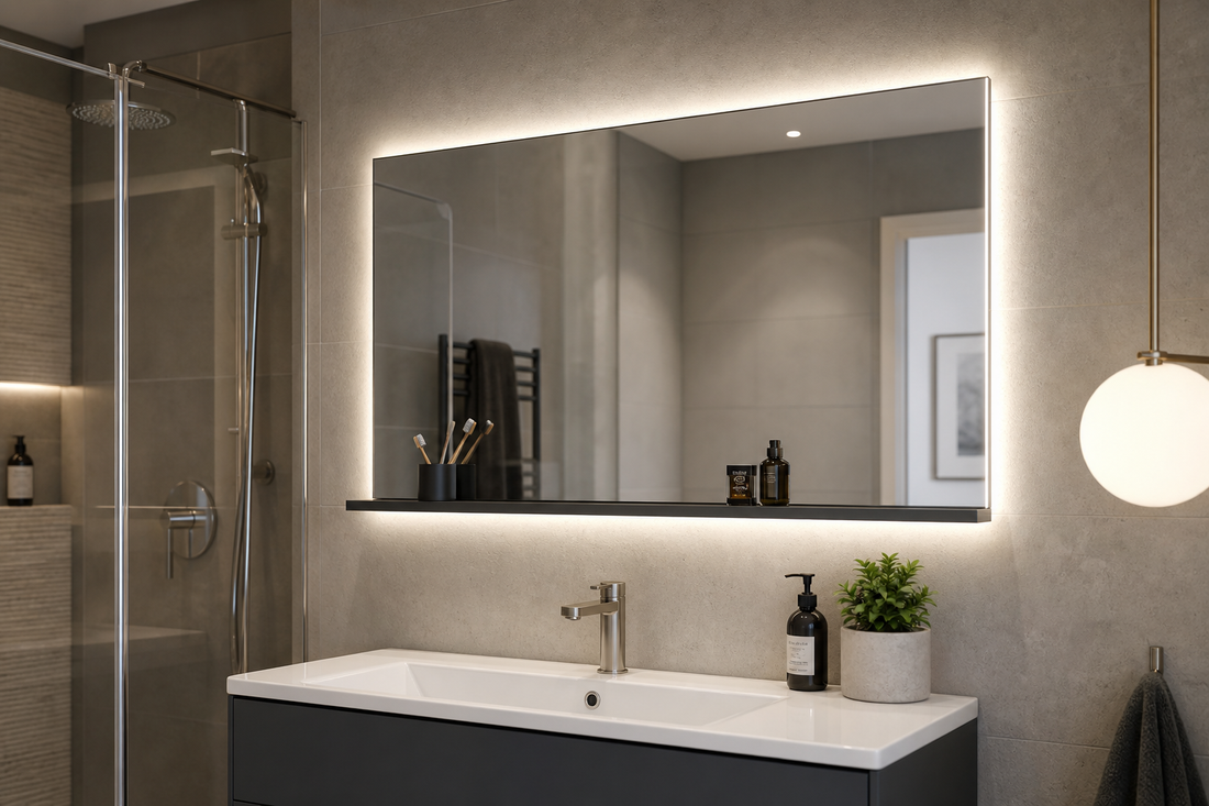 LED mirror with shelf in a compact bathroom