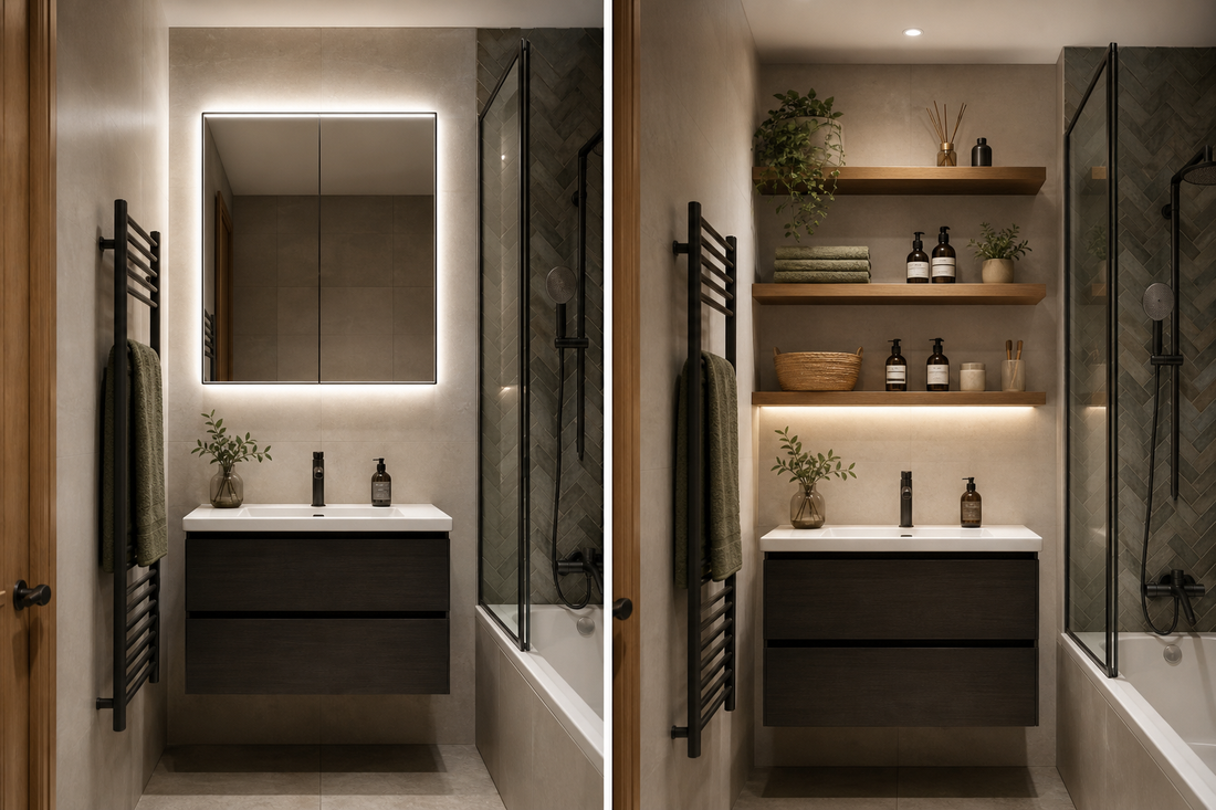 Mirrored cabinet versus open shelving in a small bathroom
