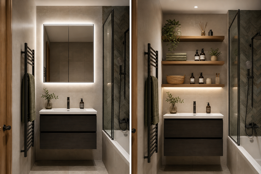 Mirrored cabinet versus open shelving in a small bathroom