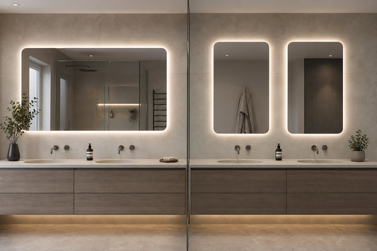 One wide LED mirror and two separate mirrors above a double vanity