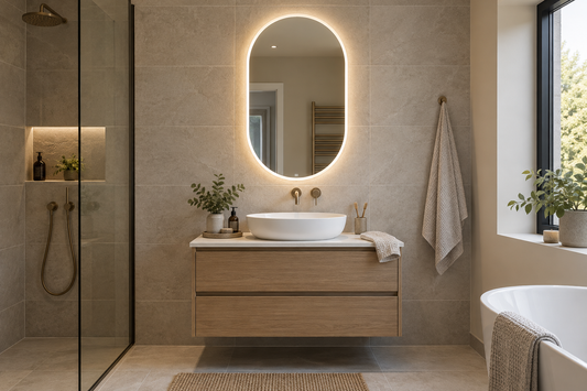 Oval bathroom mirror with lights above a vanity