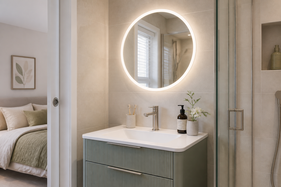 Round bathroom mirror with lights above a vanity