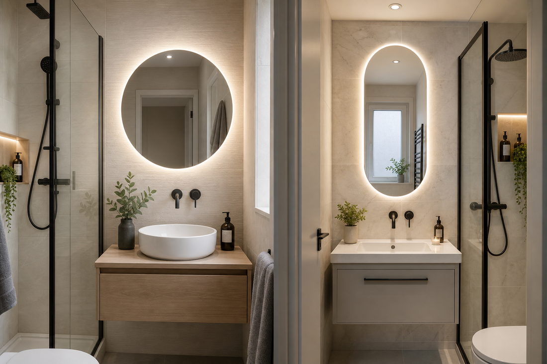 Round and oval LED mirrors in a compact en-suite